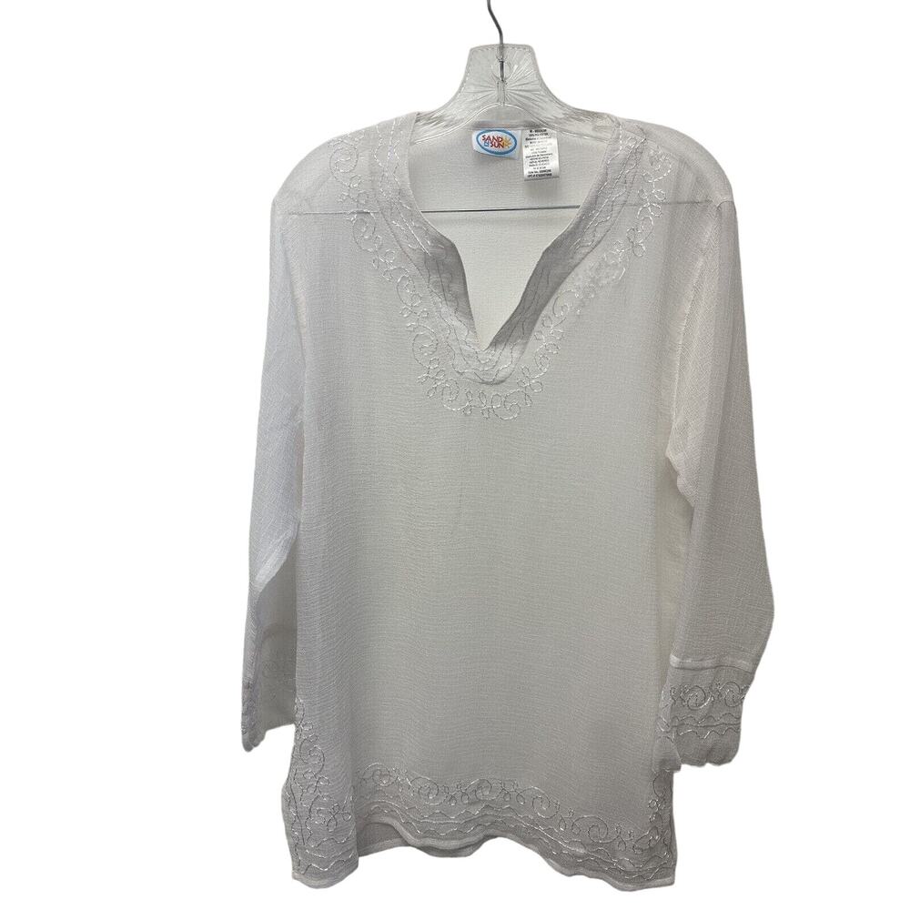 SAND N SUN Women’s Long Sleeve White Tunic Beach Swimsuit Coverup Top Medium